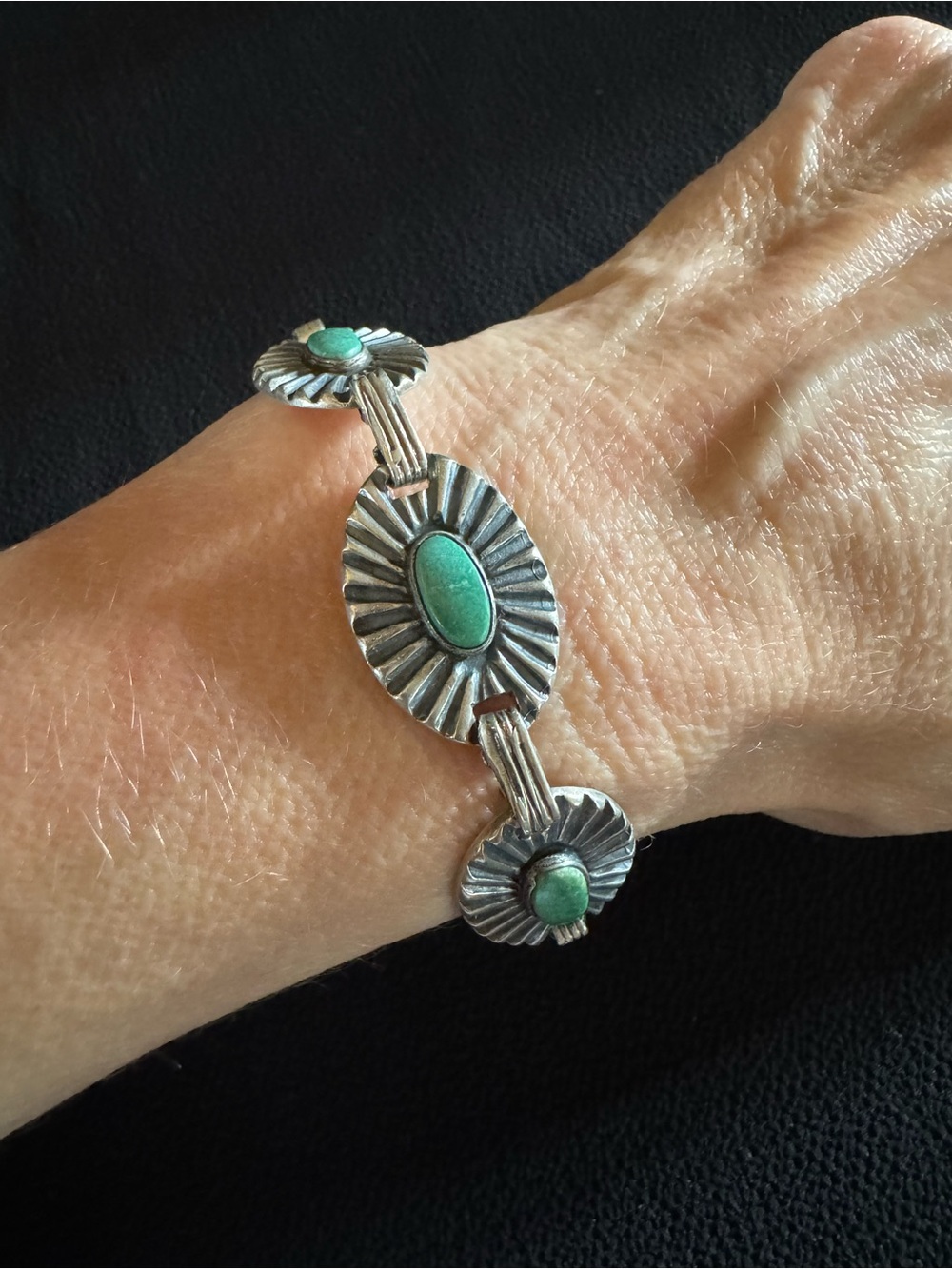 Sterling-Style Turquoise Concho Bracelet - Green-Blue Stones